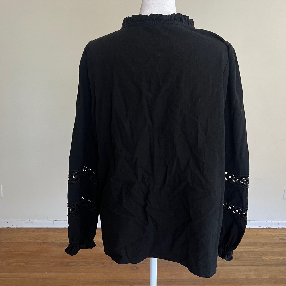 Kirundo Womens Black Cotton Eyelet Lace Sleeve Ruffle Neck Blouse Top Medium